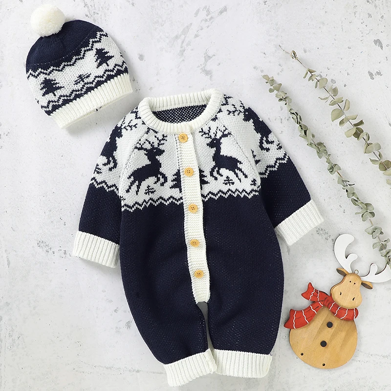 Christmas Knit Elk Romper Warm Baby Clothing Newborn Infant Toddler Boy Girl Long Sleeve Jumpsuit + Hat Fall New Year Outfits