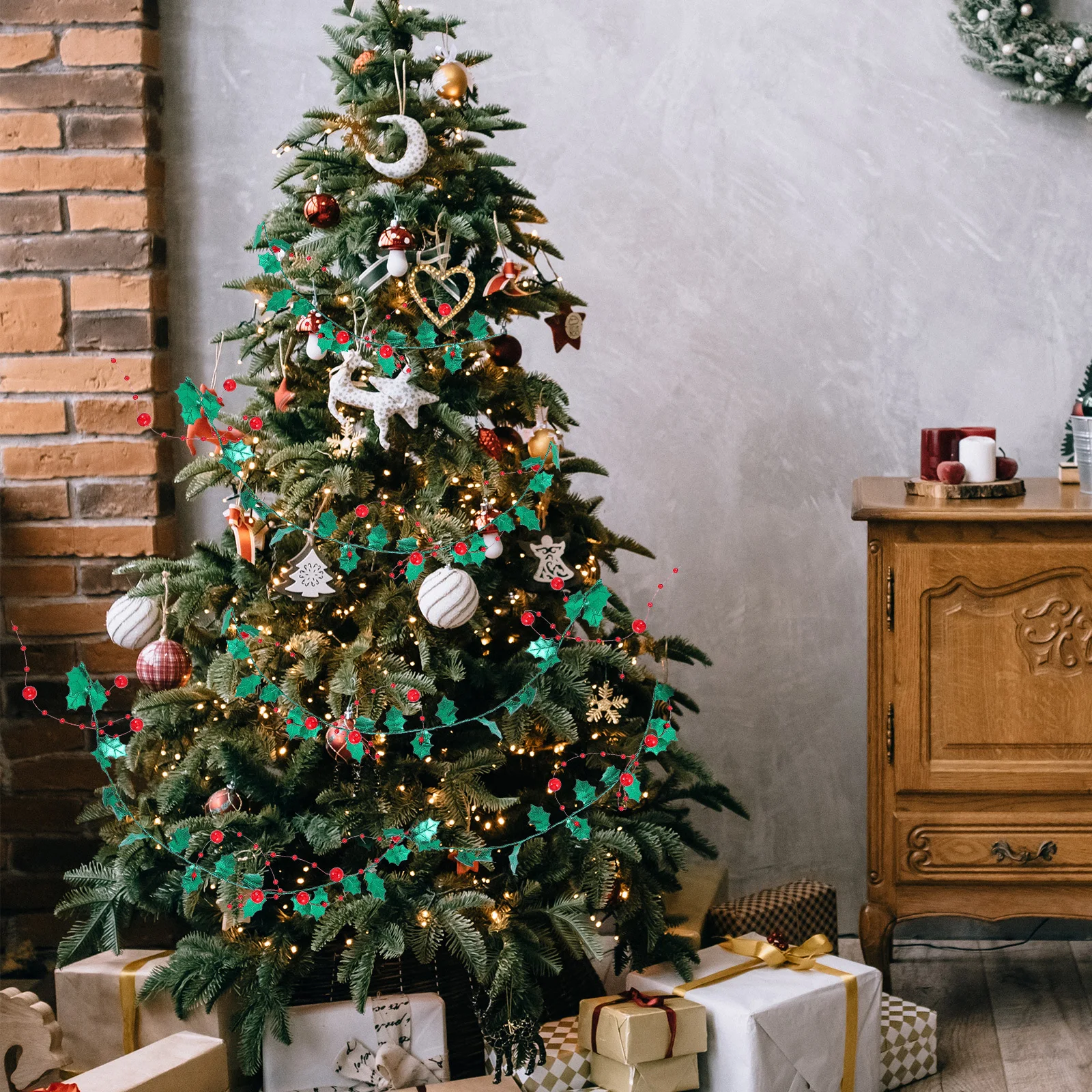 

1 Roll Christmas Tinsel Wire Red Berry Ribbon DIY Craft Garland Decoration Party Decoration Holiday Accessory Christmas Tinsel