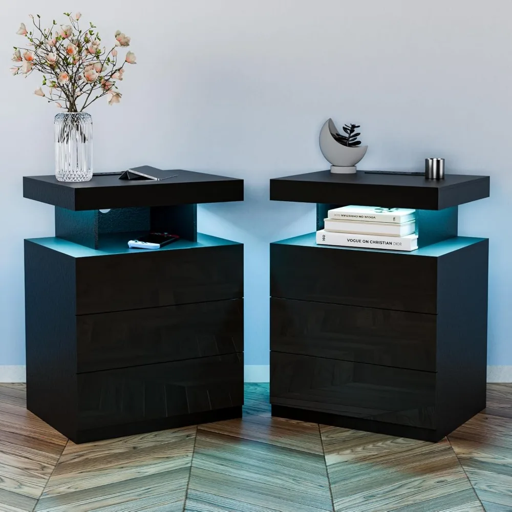 Set of 2 Black Nightstand with Wireless Charging Station High Gloss Night Stand with 3 Drawers Bedside Table ，Nightstands