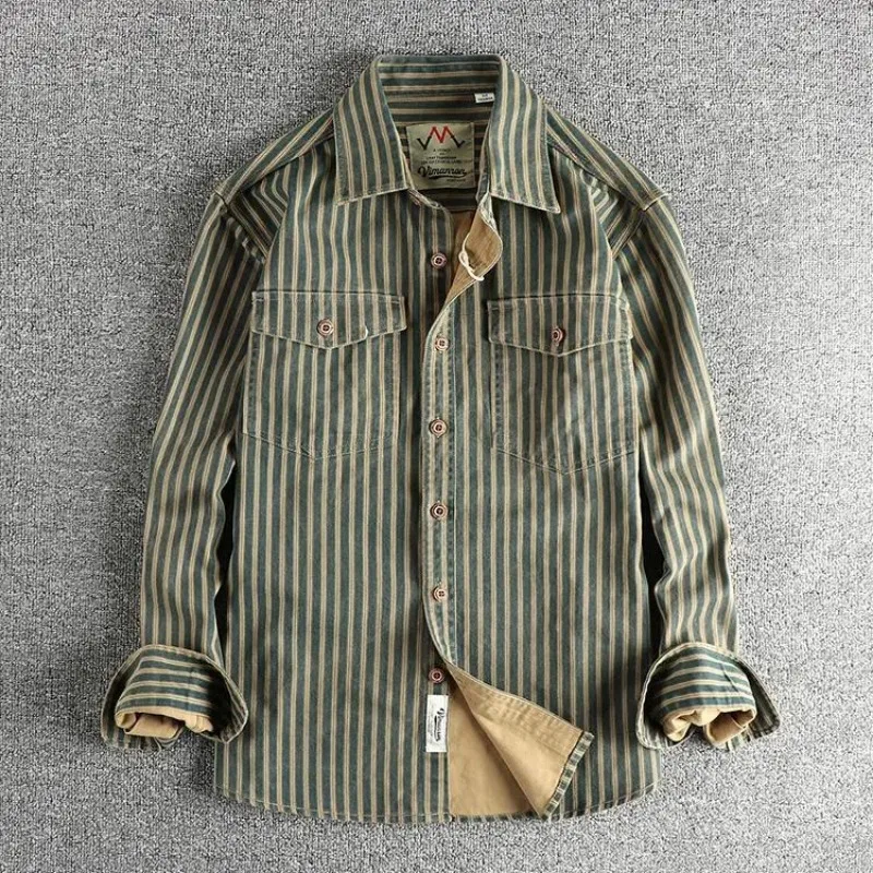 Spring and Autumn New Casual Workwear Jacket Tops Retro Trendy Striped Design Loose Long-sleeved Shirt