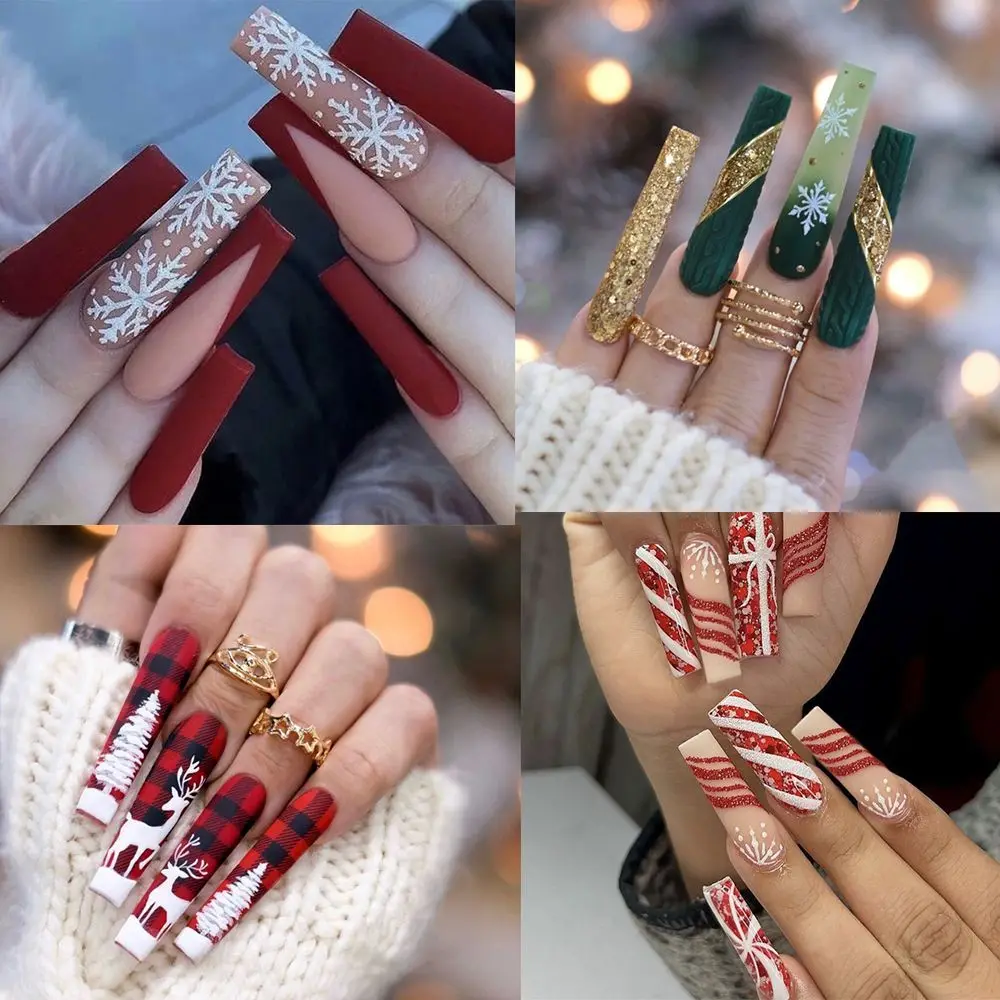 24pcs Christmas Fake Nails Long Coffin Ballerina False Nails French Glitter Snowflake Full Cover DIY Nail Tips Press on Nails