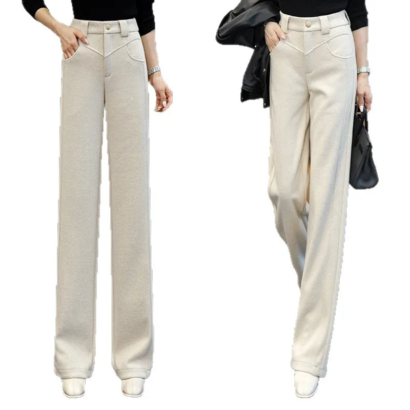 سراويل نسائية صوفية مستقيمة شتوية سميكة دافئة سراويل غير رسمية بقصة ضيقة سراويل تنحيف ثنيات #5