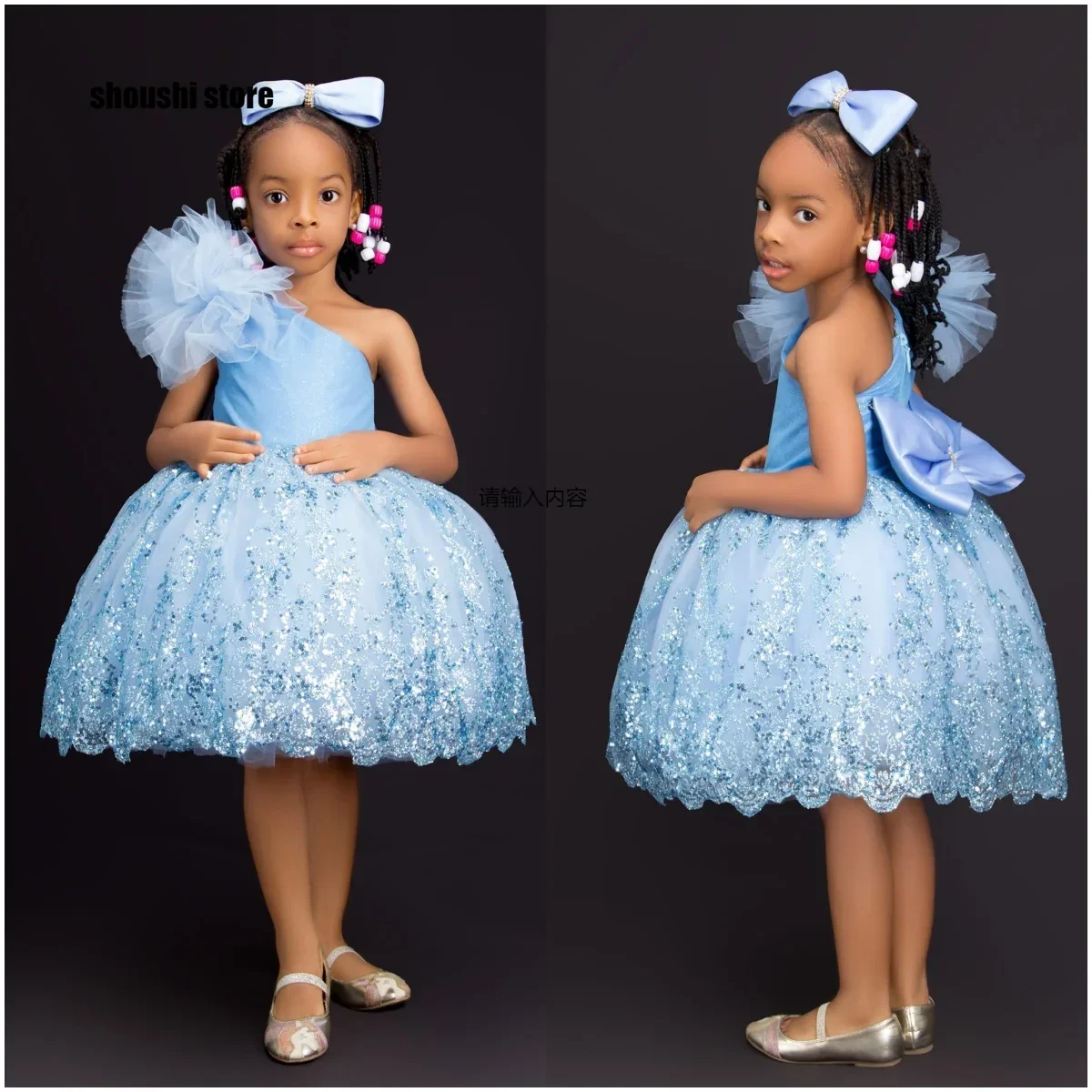 

Light Blue Flower Girl Dresses for Wedding One Shoulder Knee Length Birthday Gowns for Party First Holy Communion Gown