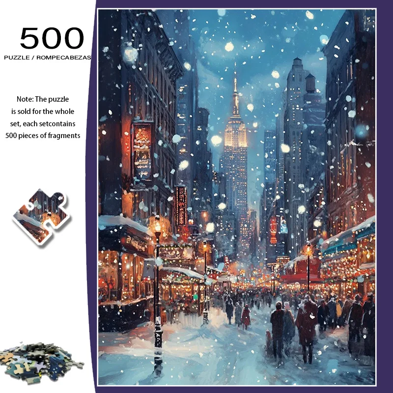Eine Schachtel mit 500 Stück Mini-Puzzles für Erwachsene mit New York Manhattan Winter Street Scene House Design – kratzfest, hochschwierig