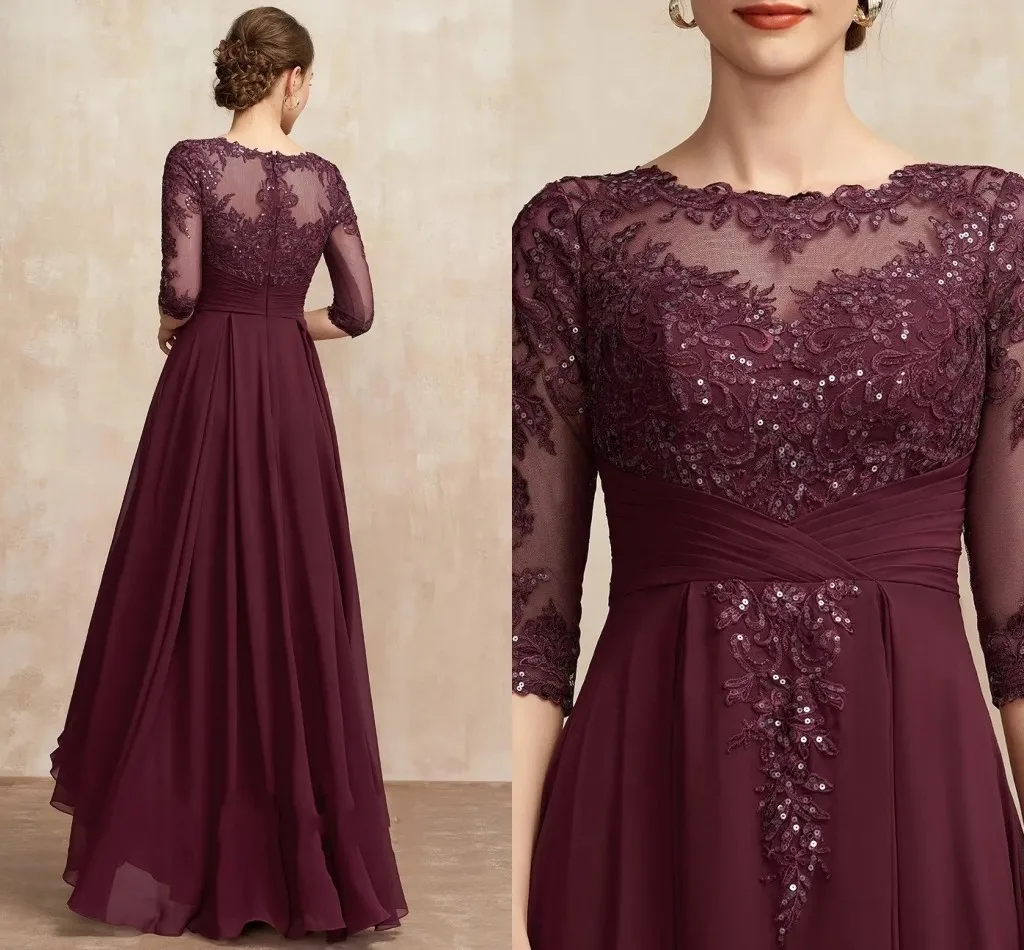 

2025 Elegant Cabernet Mother of the Bride Dress A-line Scoop Illusion Asymmetrical Chiffon Lace Beads Wedding Guest Party Gowns