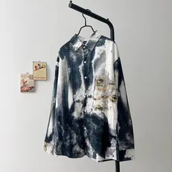 Men Trendy Vintage Ink Wash Tie Dye Print Lapel Button Up Shirt Y2K Harajuku Streetwear Long Sleeve Loose Tops Camisas De Hombre