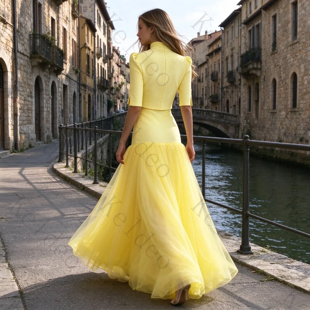 Customized Elegant High Neck Mermaid Evening Gowns Two-piece Set with Half Sleeves Pleated Mesh Trailing Formal Banquet Dresses