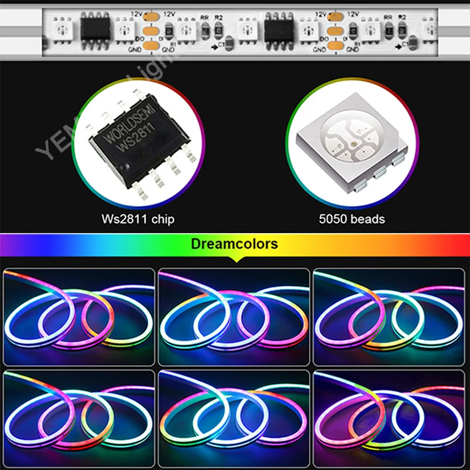 RGBIC – bande lumineuse intelligente LED couleur néon, 12v dc, IP67, étanche, Flexible, effet de chasse, arc-en-ciel, pour décoration de maison, DIY