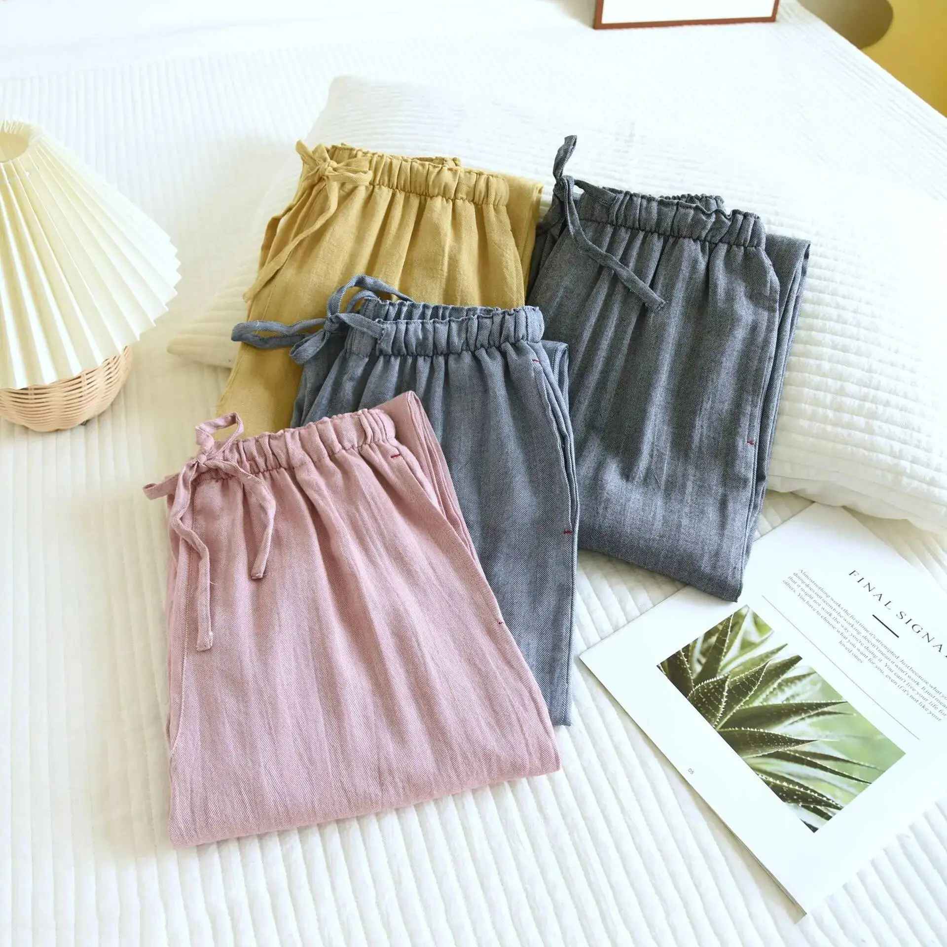 

Весенне-летняя мужская и женская одежда для сна, брюки, хлопковая двухслойная цветная тканая домашняя одежда, повседневные брюки больших размеров