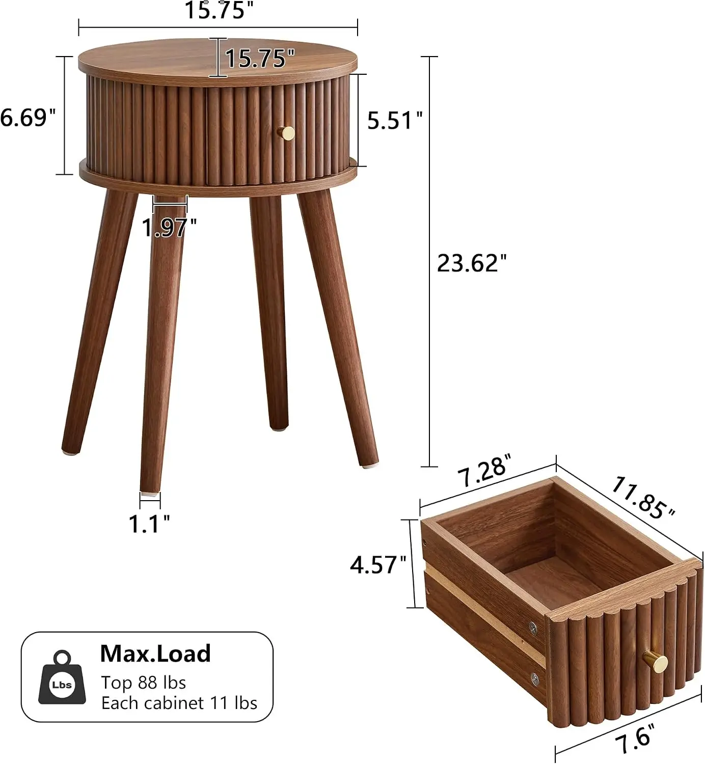 Round Fluted Side Table Set of 2, Small End Table with Fluted Drawer, Mid-Century Modern Wooden Bedside Table Round Nightstand S