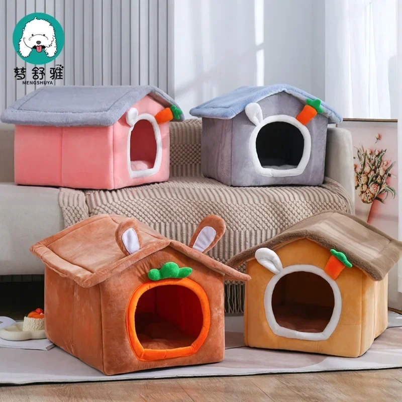 Cartoon Cat Nest Warm House Soft High Resilience Sponge Filled Pet Bed Cartoon Carrot House Shape All Seasons Kennel