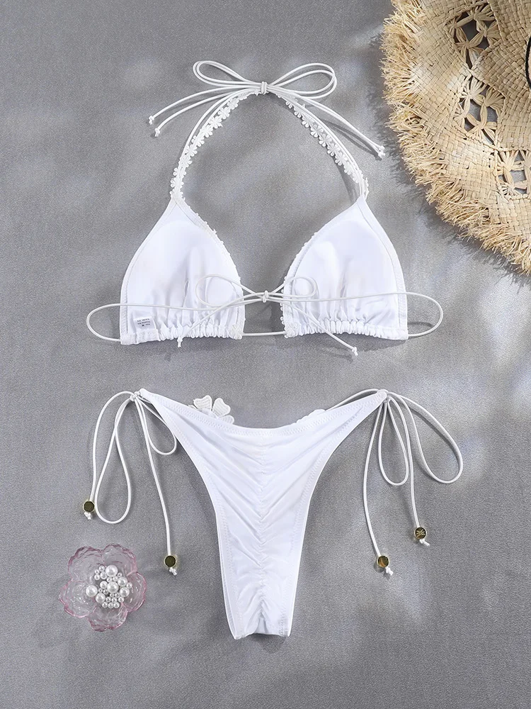 String Swimsuits White Flower Bikini Bandage Swimsuit Triangle Bikinis High Cut Swimwear Sexy Bathing Suit Vacation Beachwear