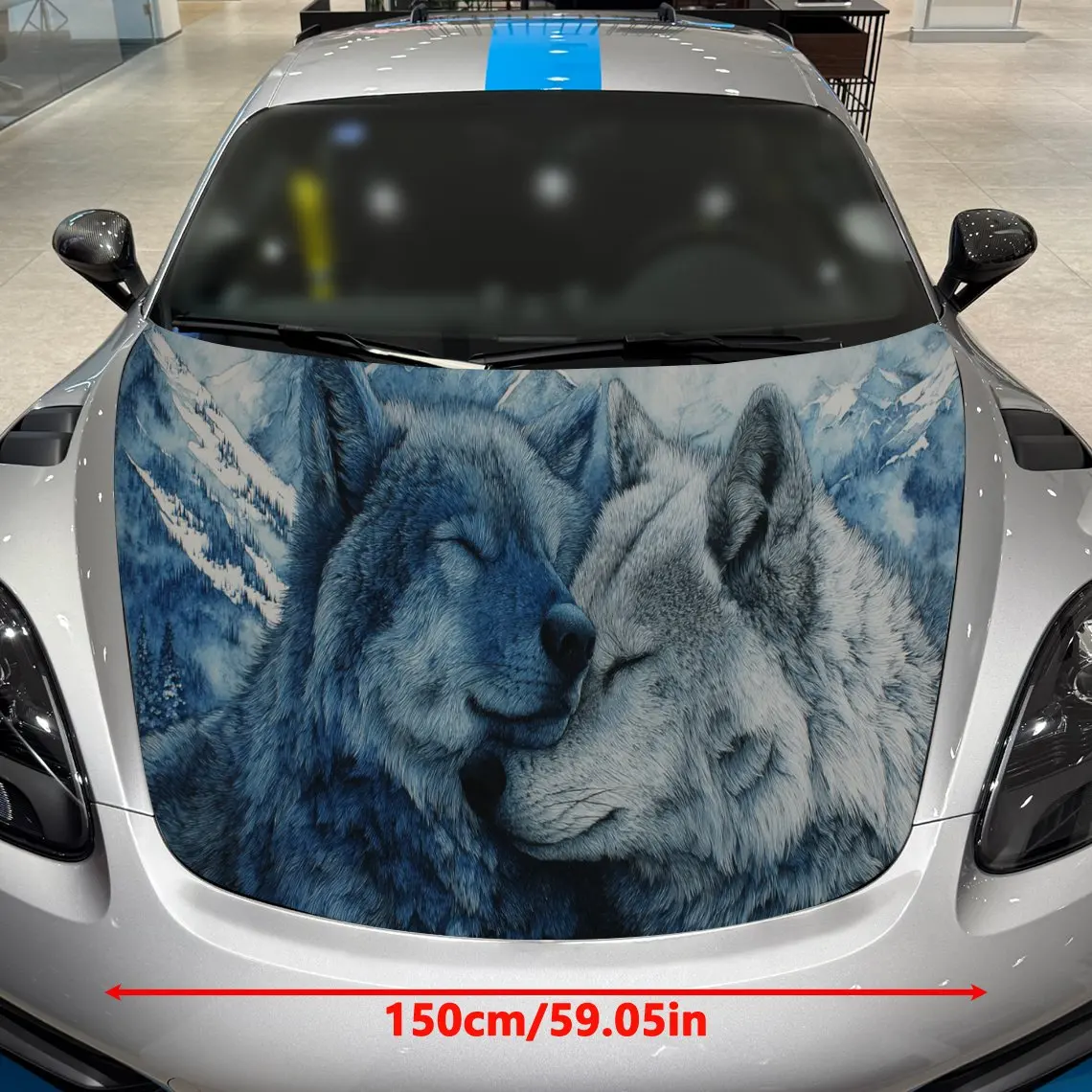 Blue Art Wolf Moonlit Aesthetic Journey PVC Car Hood Wraps, Self-Adhesive Waterproof Car Bonnet Decal Sticker, Car Decoration Pr