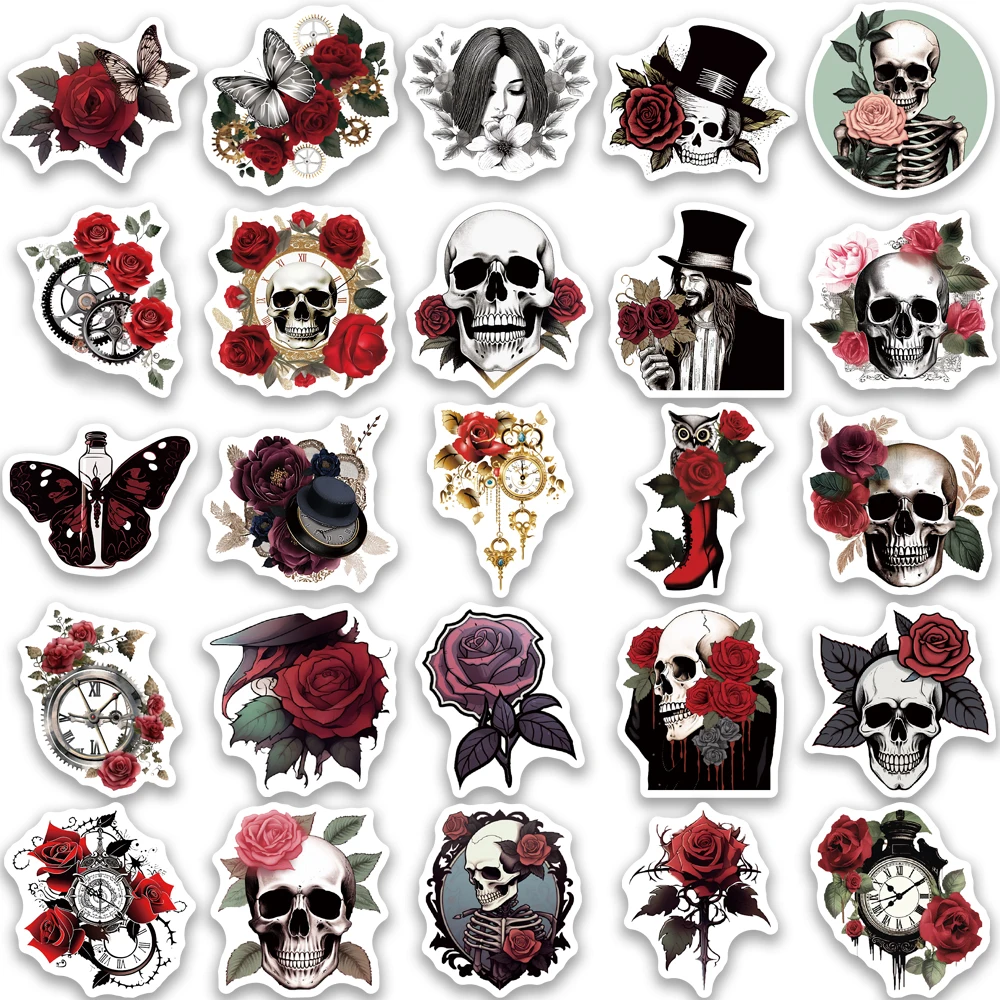 50PCS Punk Rose Skull Stickers Exquisite Handbooks Material Phone Cases Laptop Suitcases Water Cups Waterproof Stickers
