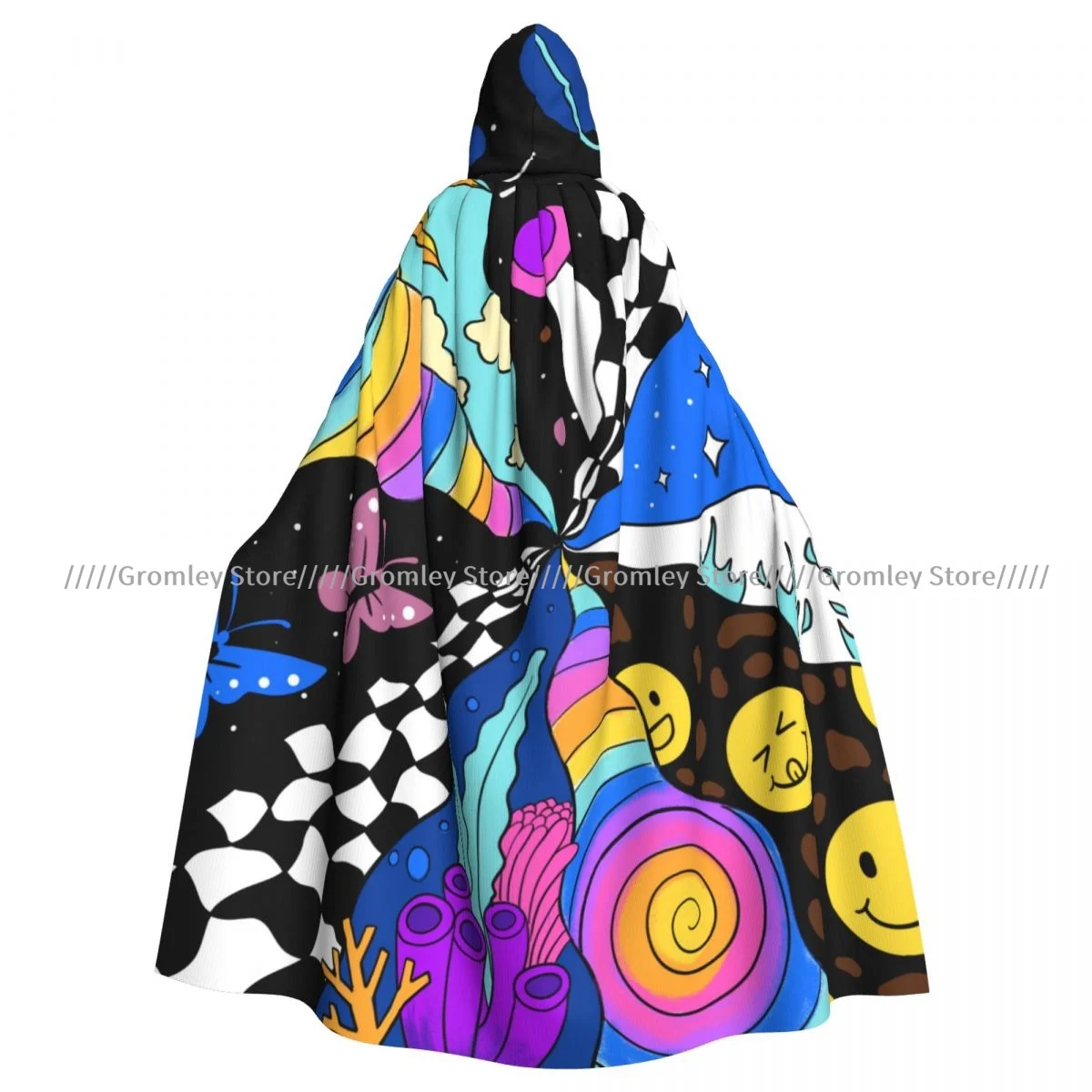 Colorful Space Star Butterfly Spaceship Sun Rainbow Seagrass Witch Cloak Hooded Cosplay Costume Halloween Adult Long Party Cape