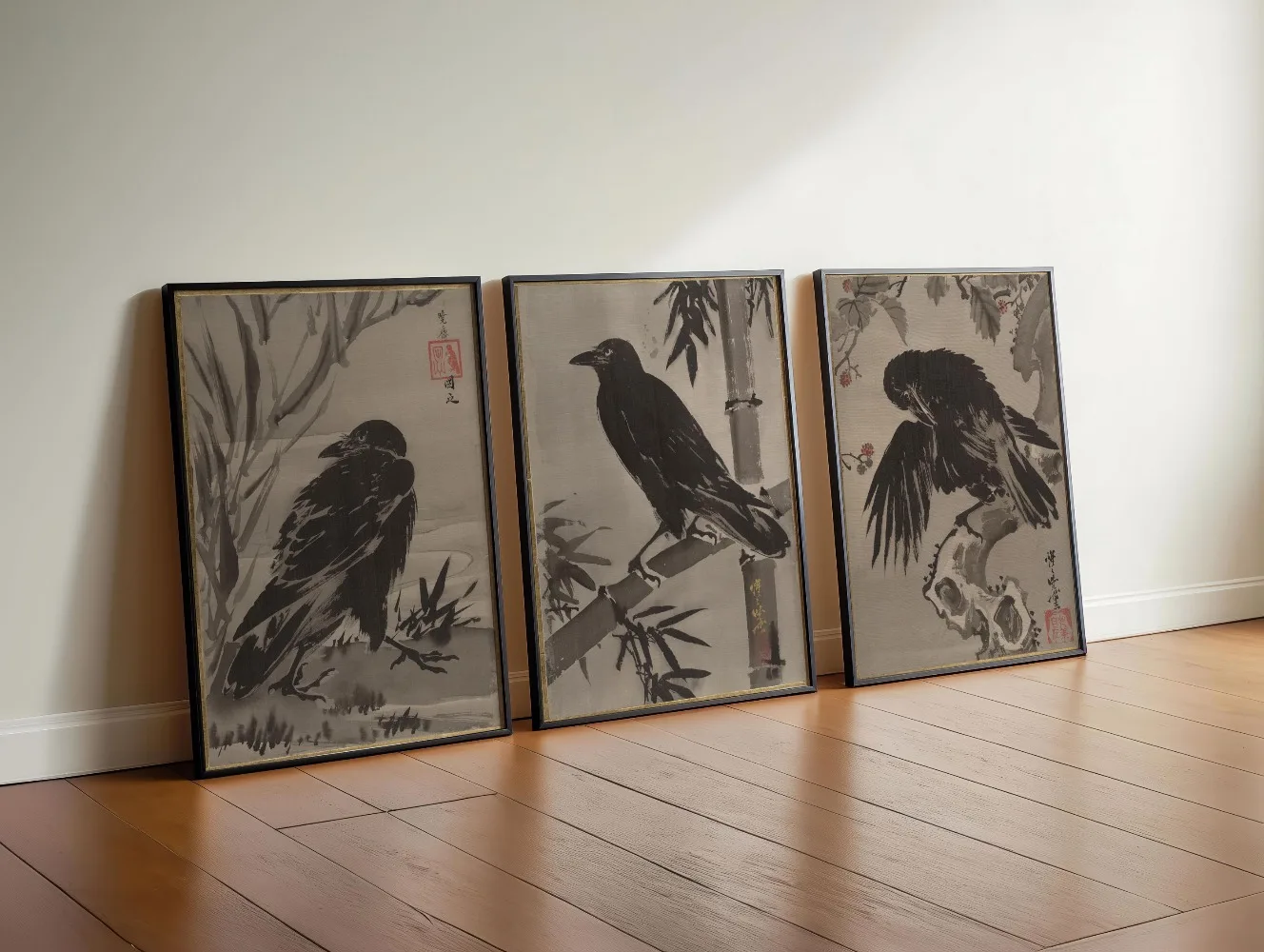 3 Piece Wall Art, Japanese Crow Posters, Vintage Ukiyo-e Raven Prints, Moody Bird Art, Kawanabe Kyosai, Dark Academia
