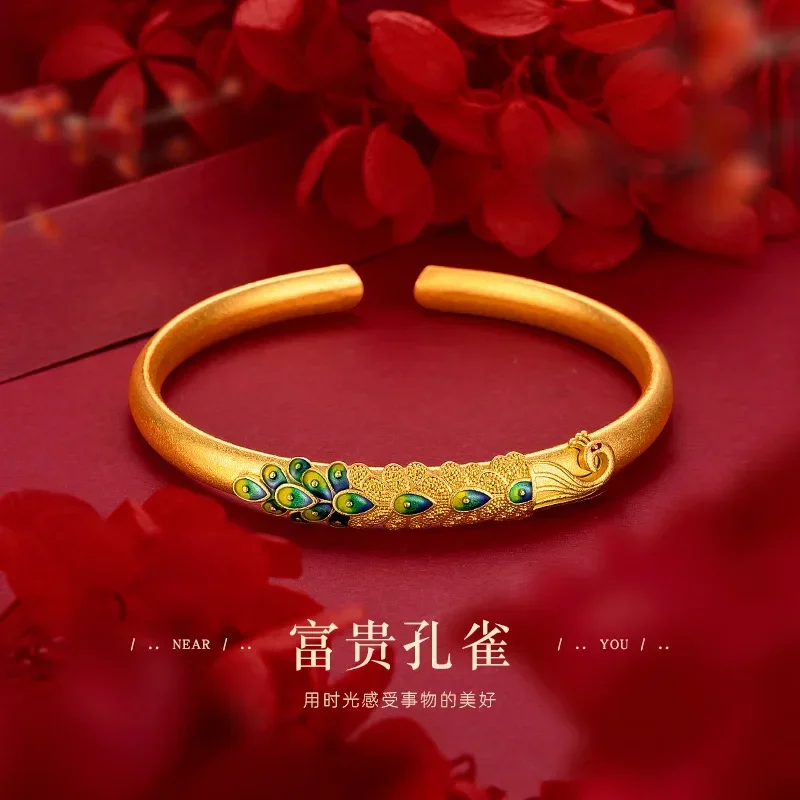 

9999 Real Gold 24K Women's Gold Peacock Bracelet, Ancient Burnt Blue Enamel Retro Ethnic Style Peacock Bracelet