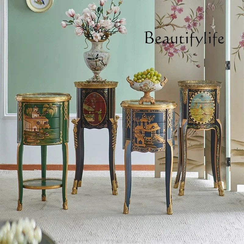 X35 Retro Living Room Side Sofa Corner Few Pure Copper Solid Wood Carved Round Small Side Cabinet Hand Painted Side Table