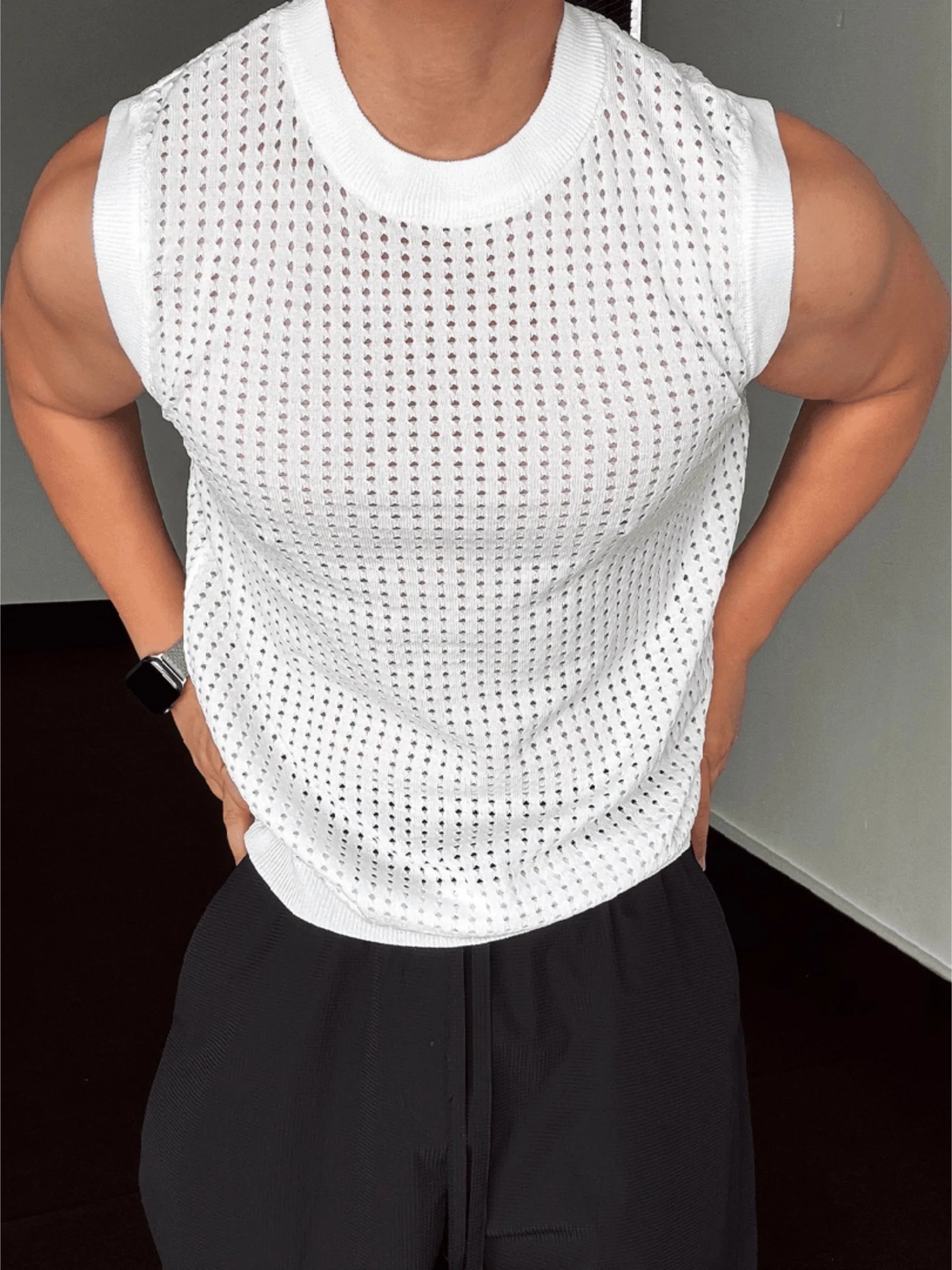 

Ice Silk Me Hollow Design Sports Vest Men Summer American Fitn Training ort Sve Knitted Svel T-irt