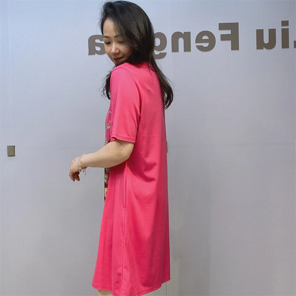 Fashion Butterfly Rhinestone Short Sleeve T-shirt Dress 2024 Summer New Round Neck Pullover Loose A- Line Casual Dress Women