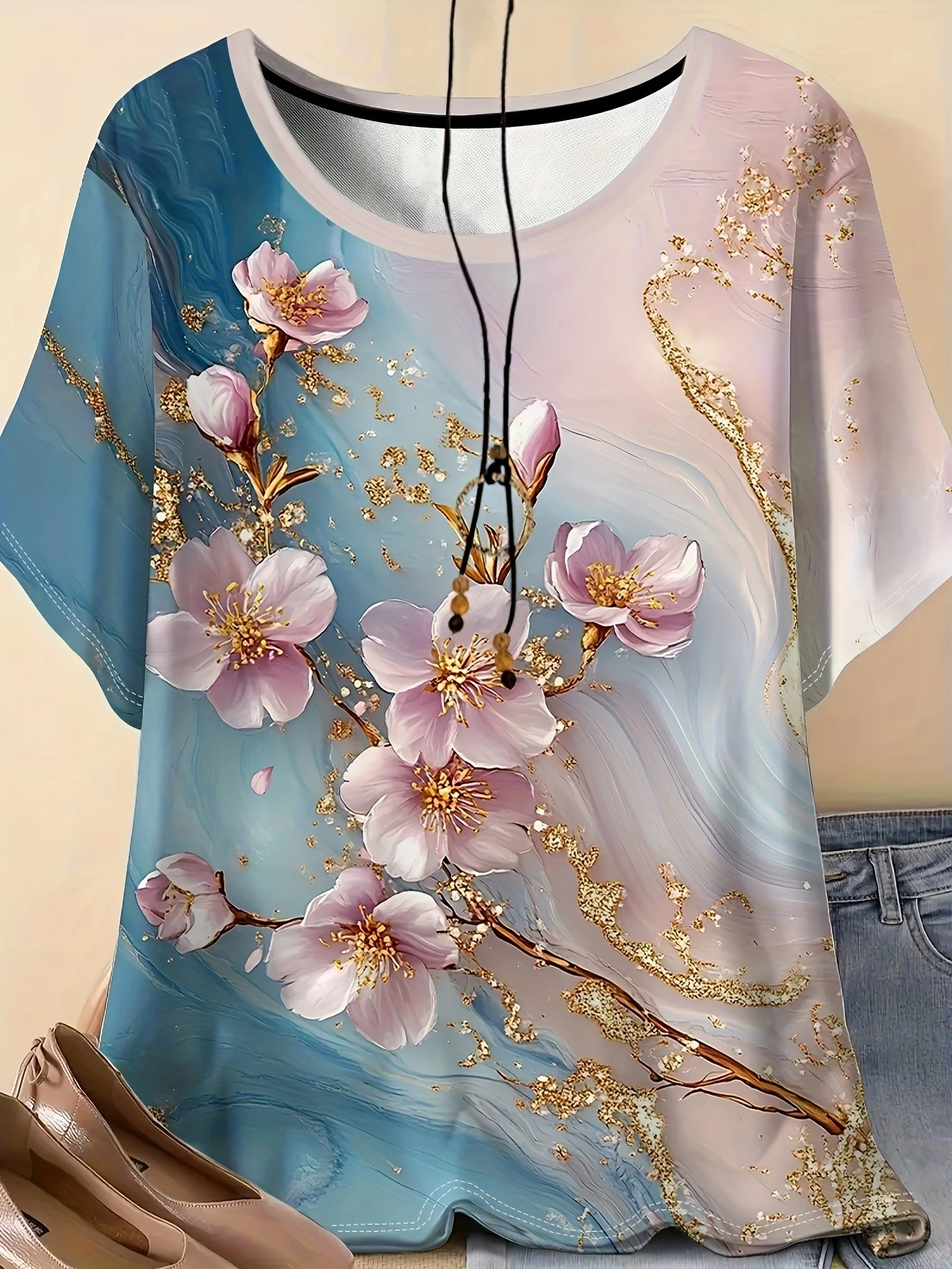 Women Short Sleeve T‑Shirt Marble Gradient Background Magnolia Flower Golden Foil Print Round Neck Loose Summer Casual Tops