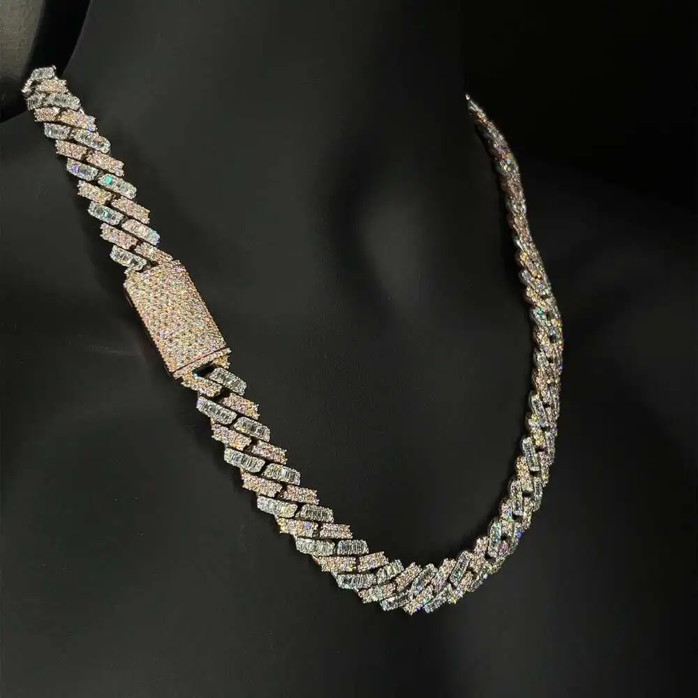 Luxury Kibo Iced Out 925 Pure Silver Moissanite Necklace Gra Vvs 15mm Two Tone Style Baguette and Round Cut Moissanite Cuban Lin