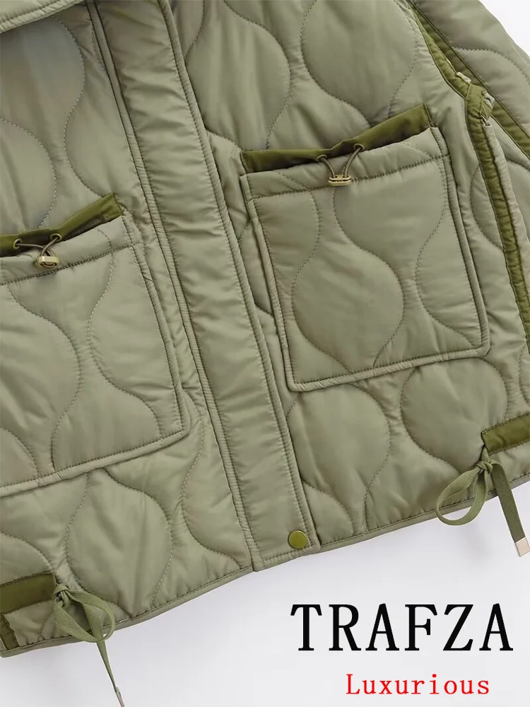 TRAFZA Vintage Casual Solid Women Oversized Jackets Pockets Zipper Turtleneck Grube płaszcze Nowa moda 2024 Jesienno-zimowa odzież wierzchnia