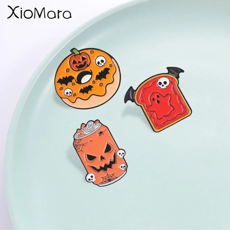 Gothic Halloween Food Badge,Pumpkin Can Sliced Bread Donut Enamel Pin,Fashion Clothes Bags Accessory,Halloween Gift for Friends