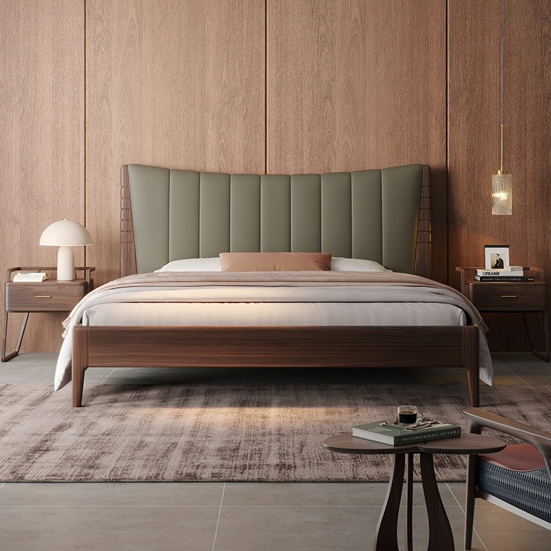 

Modern simple double master bedroom soft bag ebony real cowhide bed