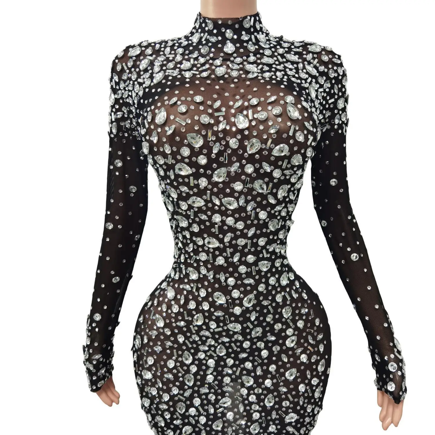 

Women Shiny Rhinestones Mesh Bodycon Short Dress Luxury Crystal Diamond Transparent Celebrity Prom Gown Birthday Dresses Cuixing