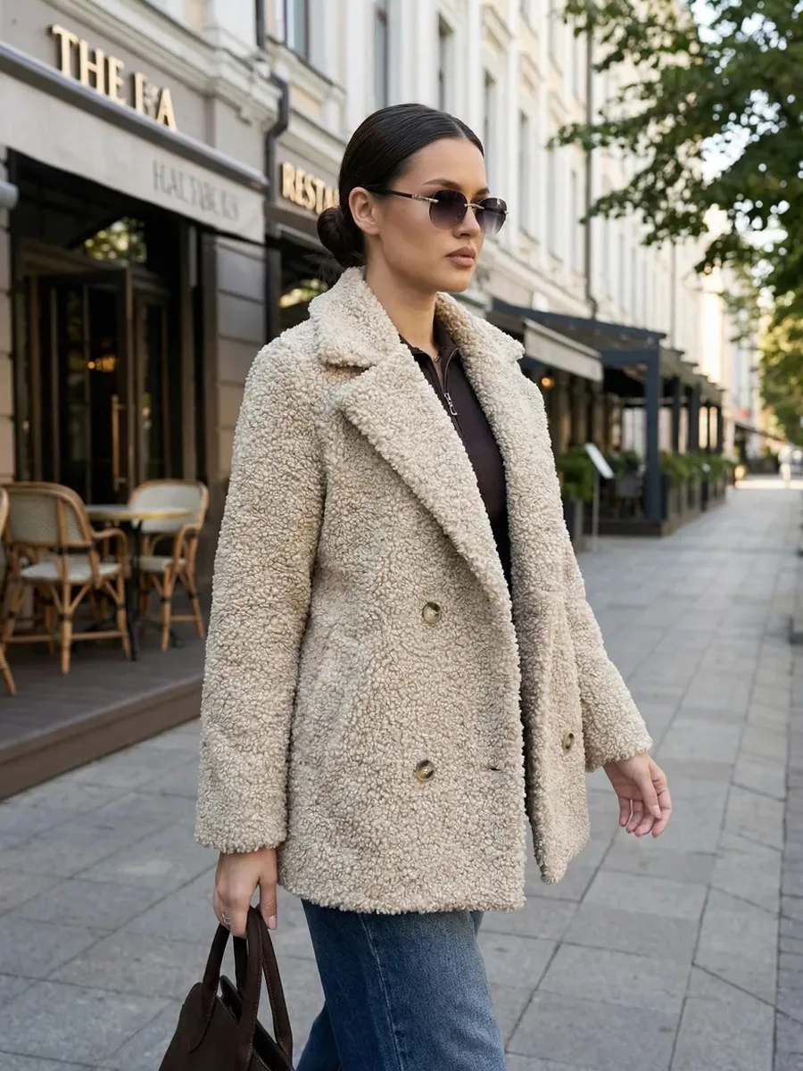 Winter Loose Tweed Lamb Wool Coat Jacket Female Thick Alpaca Wool Coat Women Vintage Double Breasted Long Lace-up Woolen Coat