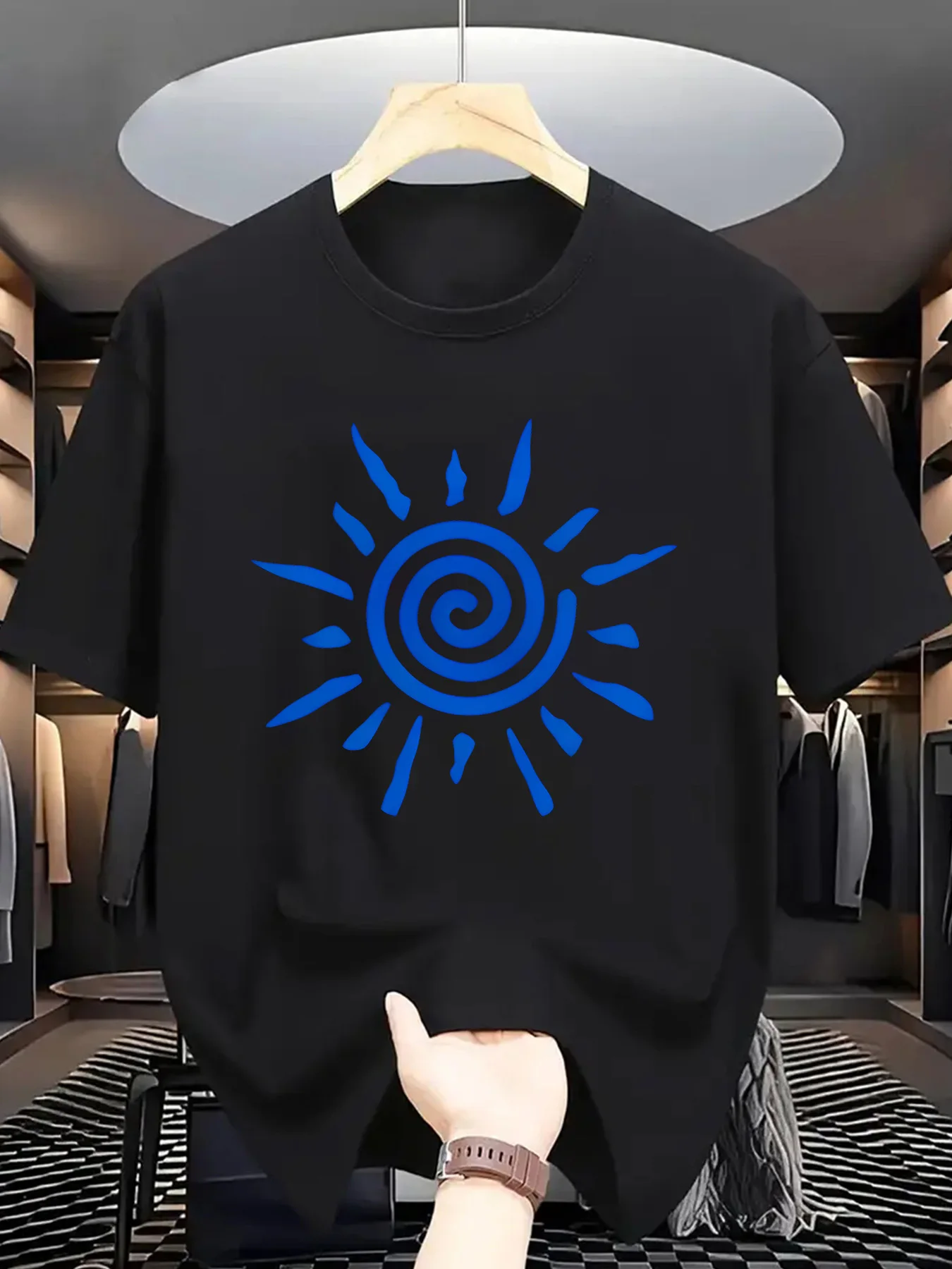 Abstract Tribal Men Short Sleeve Tshirt Swirl Sun Symbol Geometric Simple Pattern O Neck Tee Bohemian Male Casual Fashion Tops