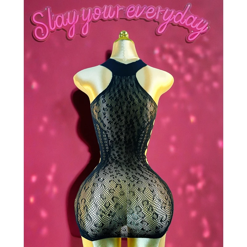 Women's Black Fishnet Halter Beach Cover Up Dress, Hollow Out Knit Bodycon Mini Swimwear Tunic, Stretch One Size DS033