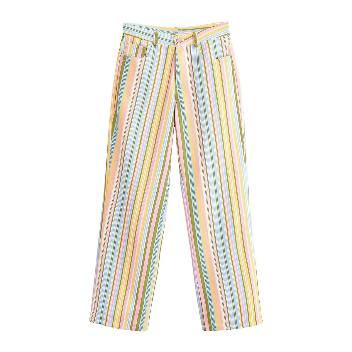 

Willshela Women Fashion Striped Front Zipper Straight Pants Vintage High Waist Full Length Female Chic Lady Trousers
