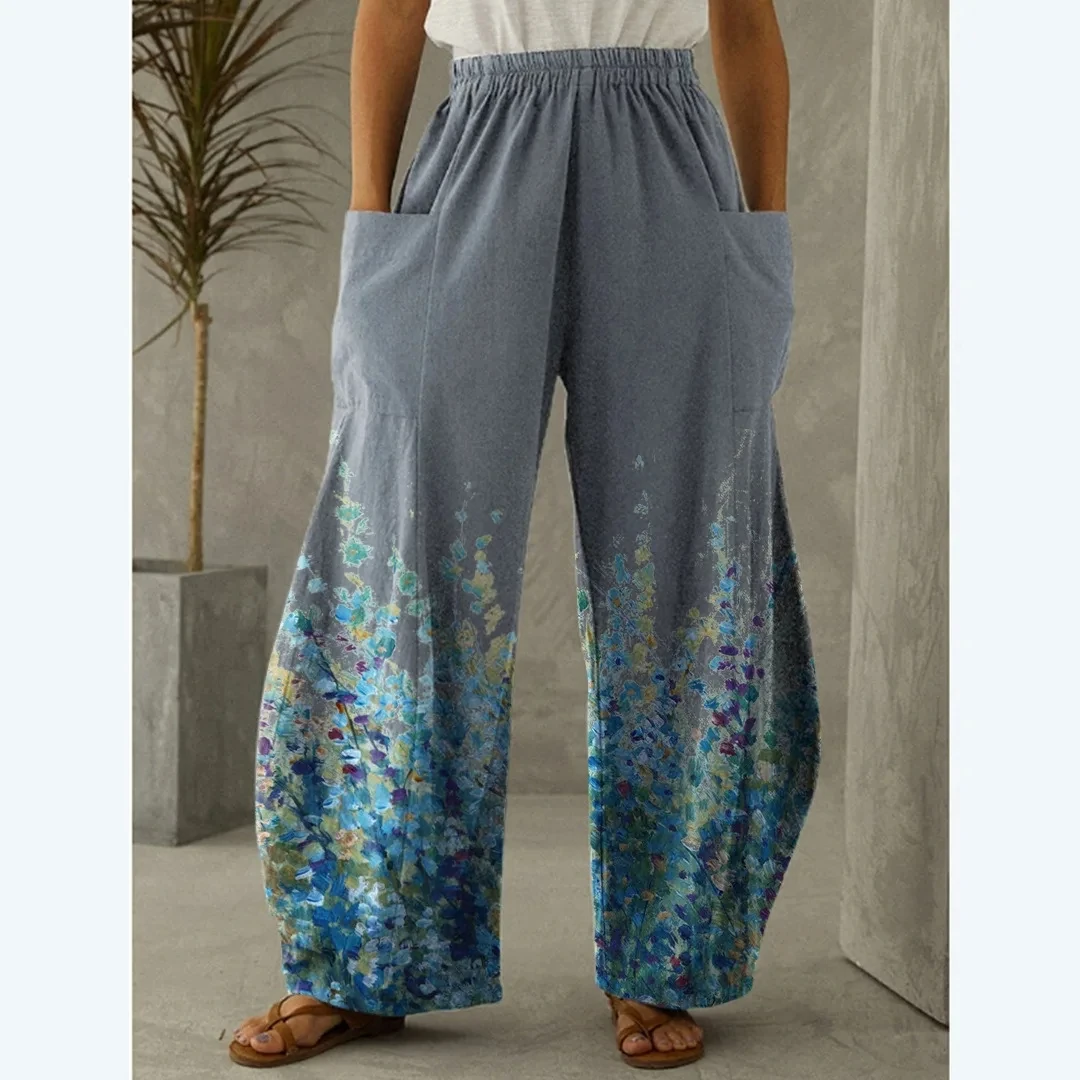 Women's informal wide leg pants, retro lotus 3D printed pants, beautiful wide leg pants