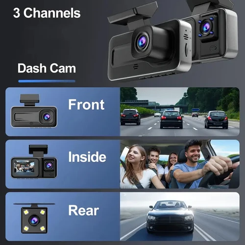Imagen 2 del producto Cámara de salpicadero de 3 canales para coches, caja negra, grabadora de vídeo de 3 canales/2 canales, 1080P, cámara de visión trasera para vehículo, DVR, accesorios para coche