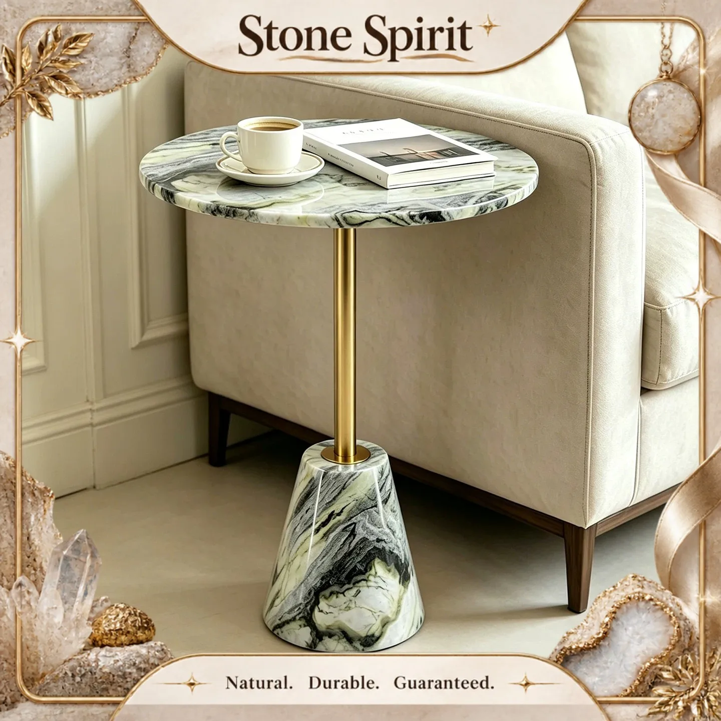 Northern Europe Art Green Marble Round Sofa Side Table Gold Stem Small End Table Living Room Bedroom Bedside Decor Coffee Table