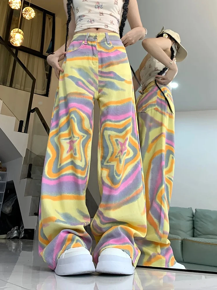 

Джинсы со звездами Tie Dye, женские уличные брюки в стиле ретро Y2k, джинсовые брюки с высокой талией, винтажные американские свободные брюки в стиле Харадзюку