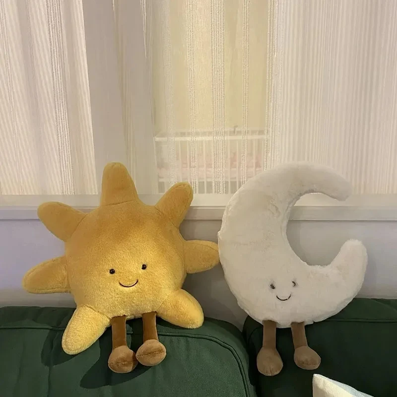 Adorable Smile Face White Moon Yellow Sun Plushie Stuffed Cute Cartoon Weather Plush Toy for Kid Bedroom Decor Sofa Throw Pillow