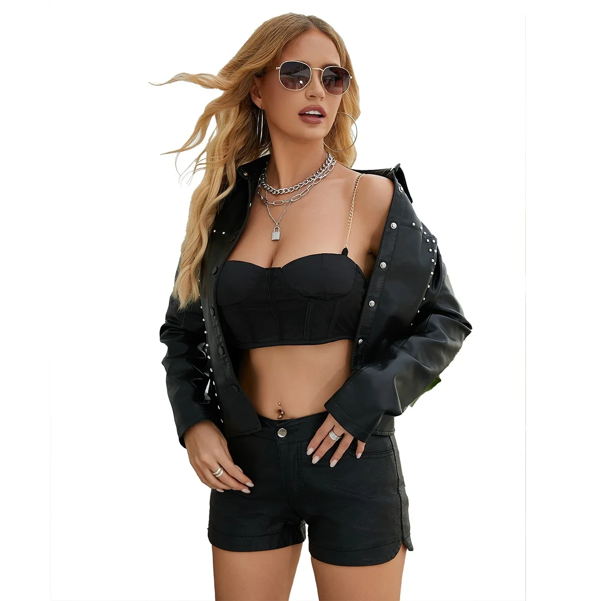 Primavera y otoño nueva chaqueta de cuero con remaches cárdigan chaqueta de cuero con botones moda chaqueta fina ropa de mujer