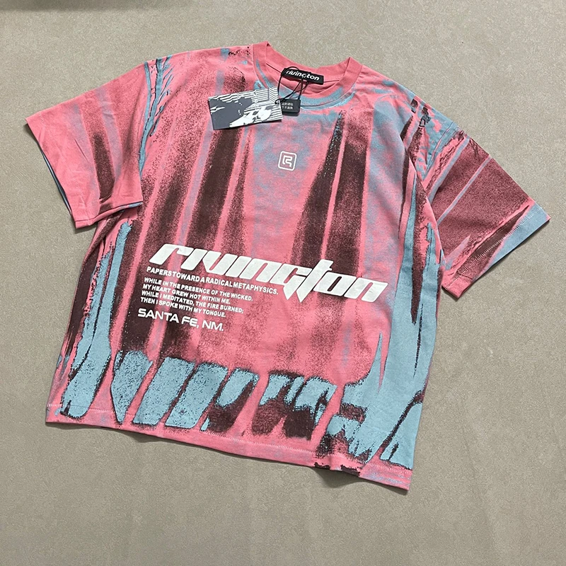 RRR123 Large Area Distressed Print Top Heavy Industrial Style Abstract Graffiti T-Shirt Men Women Loose Fit Short Sleeve