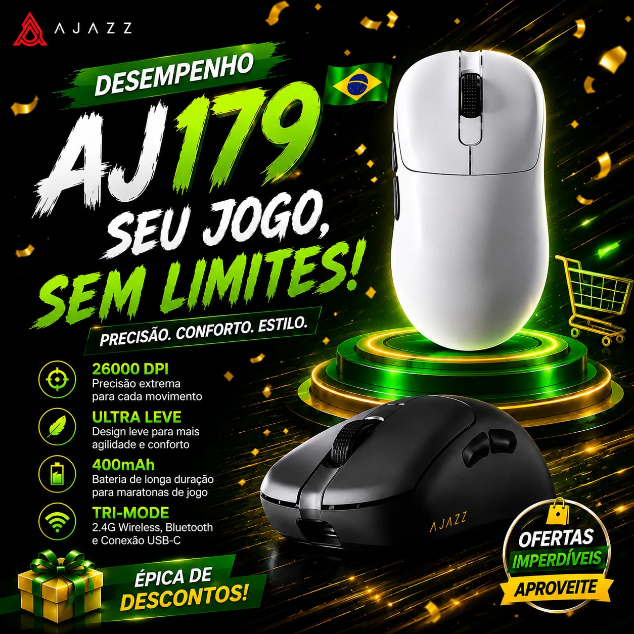 Mouse sem fio leve AJAZZ, Mouse ergonômico Macro Gaming para PC Laptop, Base de carregamento magnética, AJ179 PRO, PAW3395