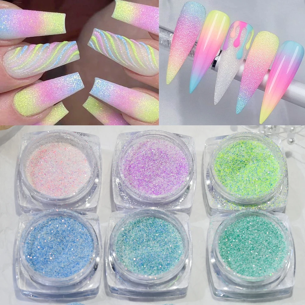 6pcs/Set Shining Sugar Nail Glitter Powder Candy Woolen Coat Effect Blue Pink Purple Pigment Dust Christmas Nails Art Decoration