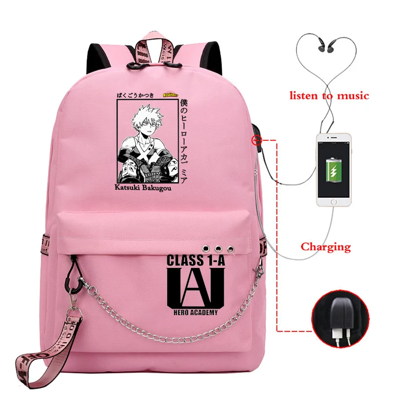 Anime meu herói academia deku bakugou boku nenhum herói academia sacos de escola para meninas feminino portátil mochila usb escola mochila sacos