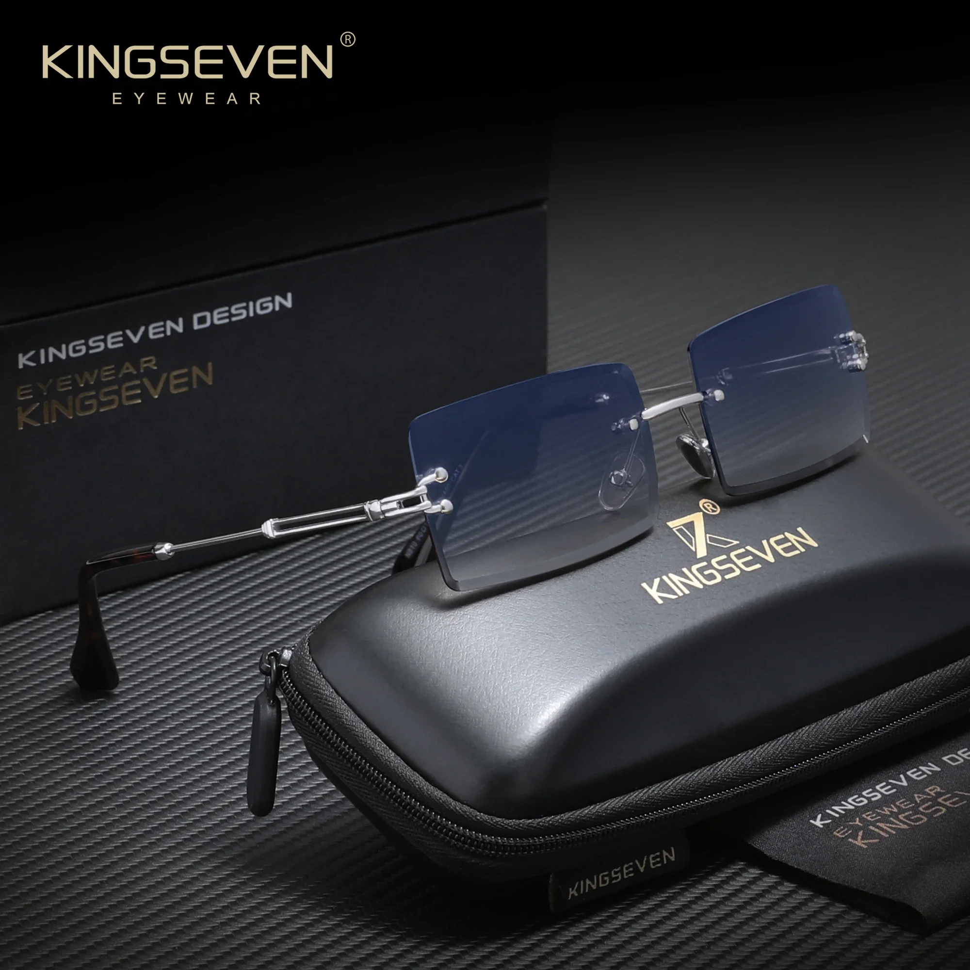 KINGSEVEN Trendige rahmenlose Sonnenbrille UV400 Damenmode-Design Rechteckige Brille mit Farbverlaufsgläsern Urlaubs-Sommerbrille