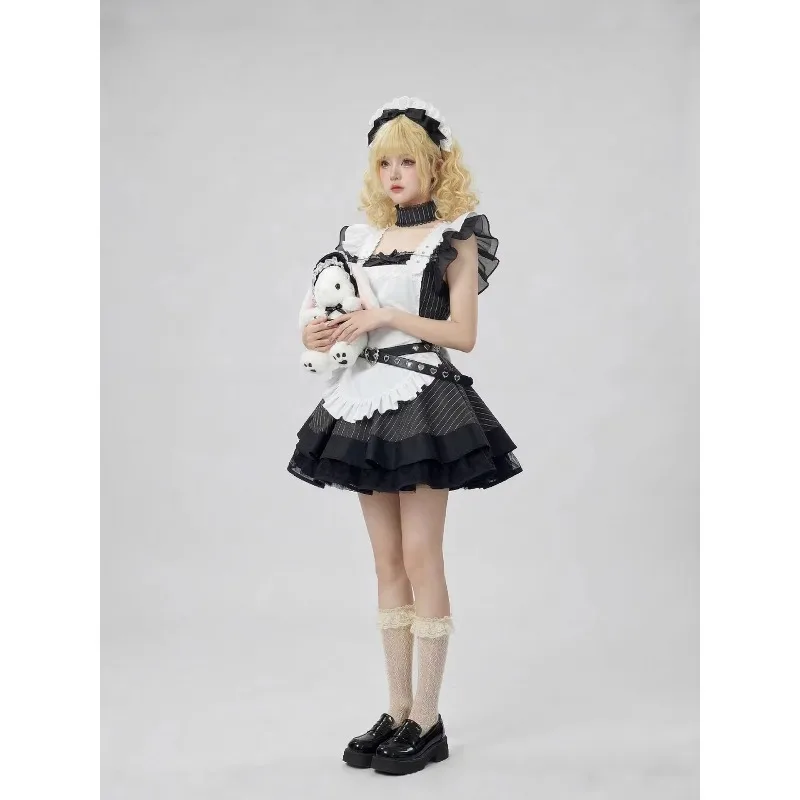 Vintage Elegant France Maid Cosplay Dress Japanese Subculture Short Sleeve Mesh Dress White Apron Black Dress Gown Vestidos Set - view 2