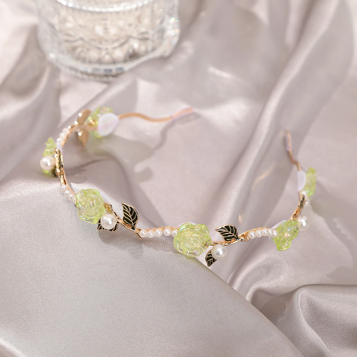 Resin Rose Green Leaf Headband Blue Flower Hair Hoops Bezel Headband Women Elegant  Pearl Fashion Hair Accessories Headwear