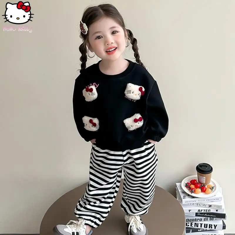 

Одежда для девочек Hello Kitty, осенний новый милый свитшот с героями мультфильмов, детская повседневная футболка, комплект из 2 предметов, детский спортивный костюм Kawaii