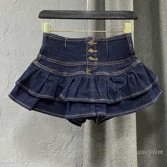 High Waist Single-Breasted Ruffles Cake Denim Skirt Woman 2023 Spring Summer New Bubble Jeans Skirts Girls Students Fit Stretch