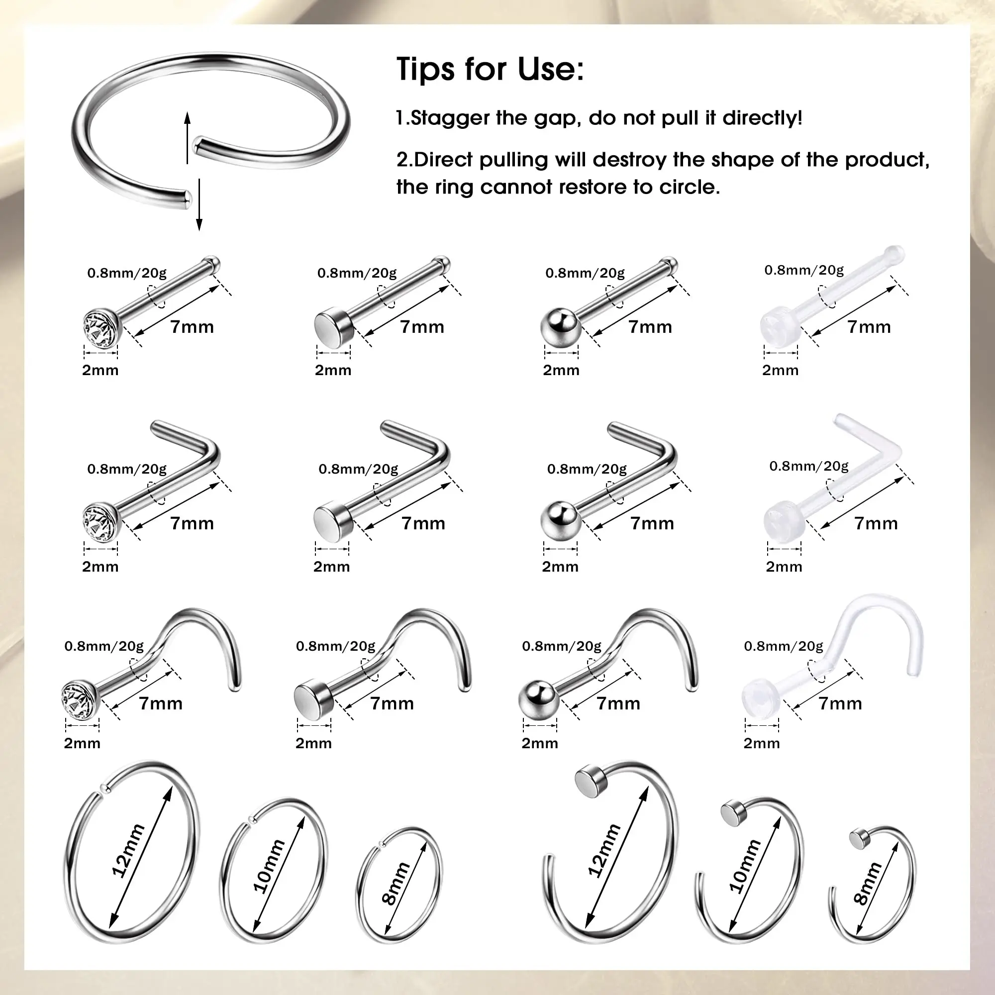 1PCS Hypoallergenic Nose Ring Studs for Sensitive Skin 20G Hoops for Women Men 2mm Small Titanium Nose Piercing Jewelry